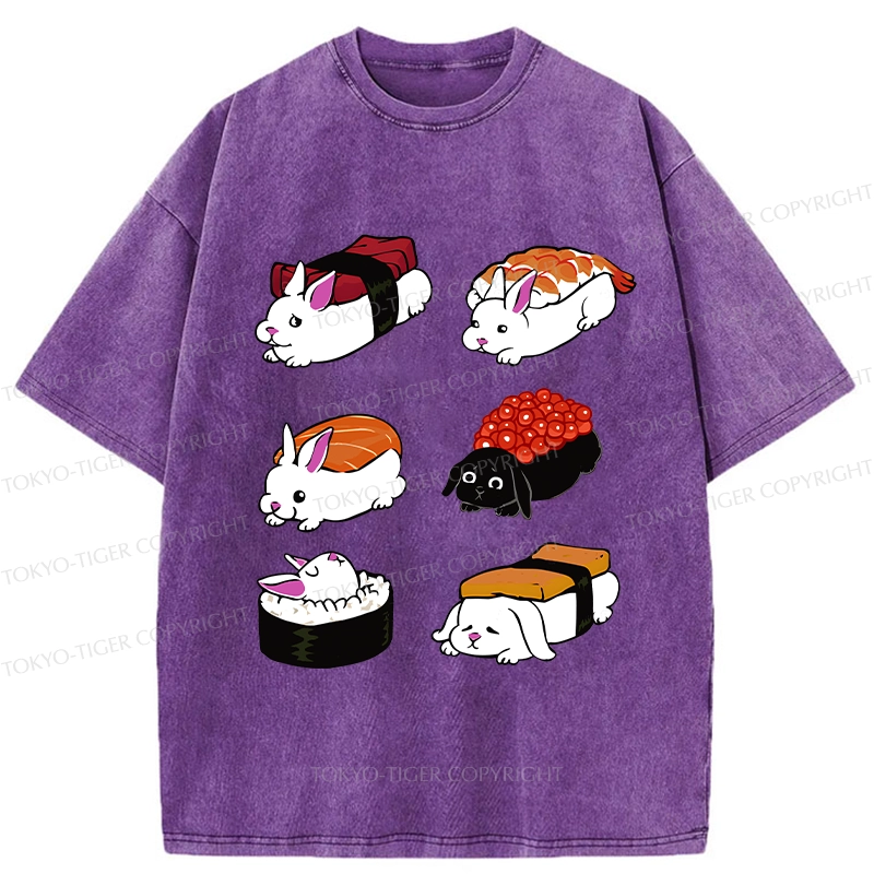 Tokyo-Tiger Cute Rabbit Sushi Washed T-Shirt