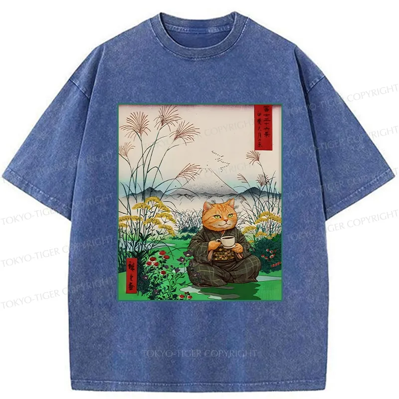 Tokyo-Tiger Cozy Cat Drinking Coffee Washed T-Shirt