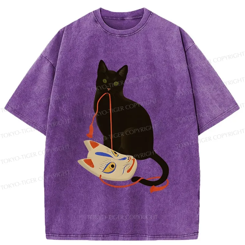 Tokyo-Tiger Cat Holding A Fox Mask Washed T-Shirt
