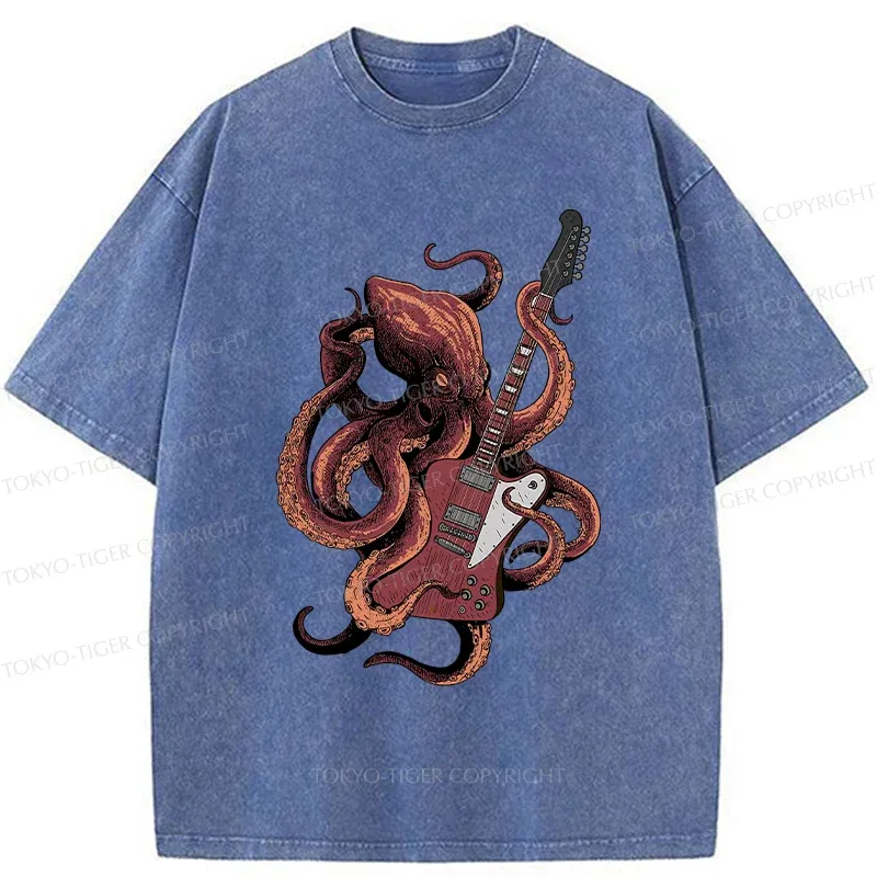 Tokyo-Tiger Octopus Playing Guitar Washed T-Shirt