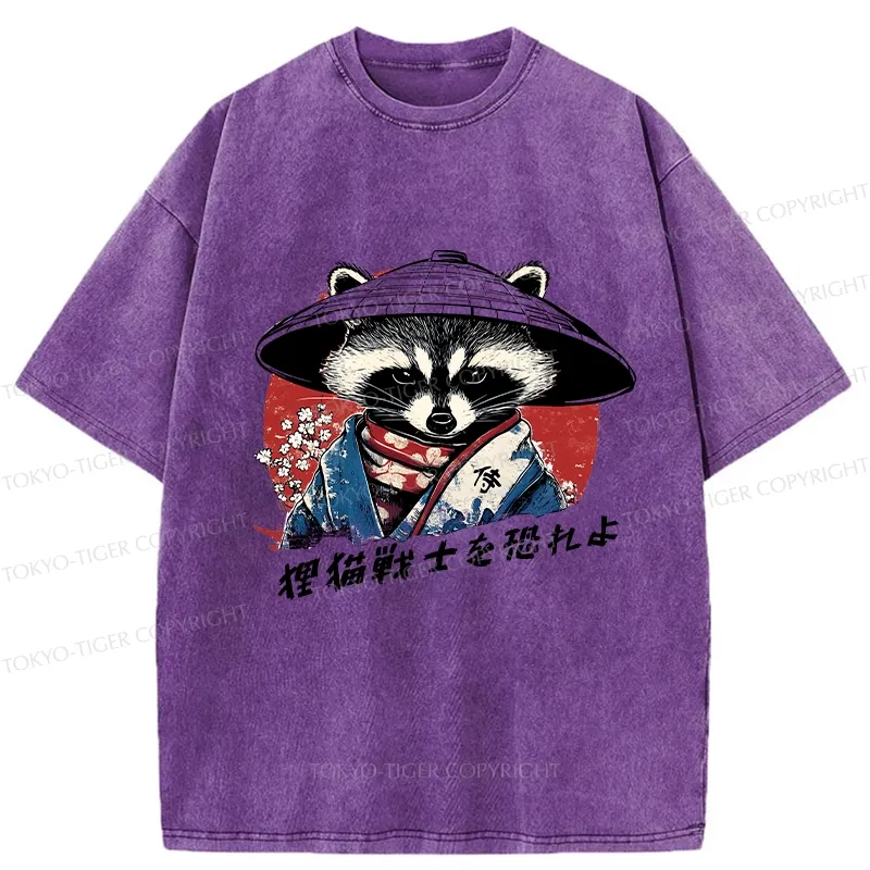 Tokyo-Tiger Japanese Raccoon Samurai Washed T-Shirt
