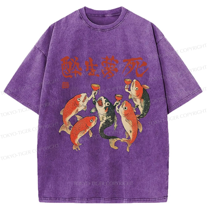 Tokyo-Tiger Funny Fish Drink Together Washed T-Shirt