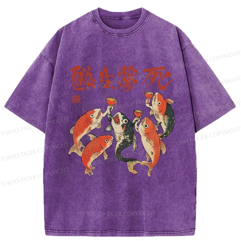 Tokyo-Tiger Funny Fish Drink Together Washed T-Shirt