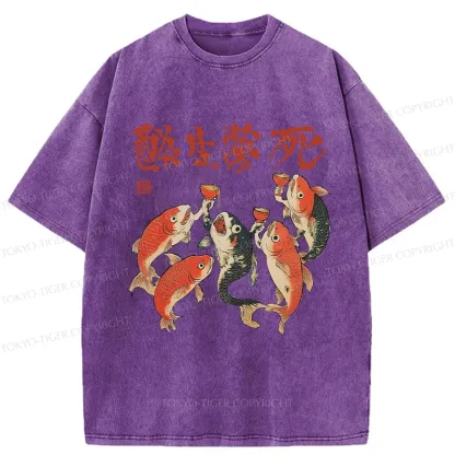 Tokyo-Tiger Funny Fish Drink Together Washed T-Shirt