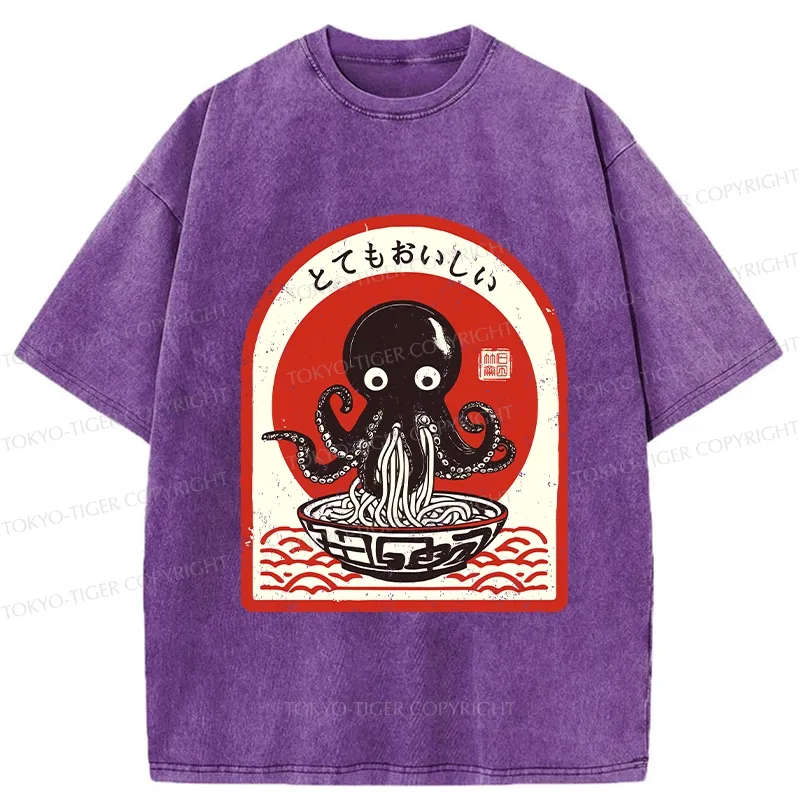 Tokyo-Tiger Ramen Lover Octopus Washed T-Shirt Sale