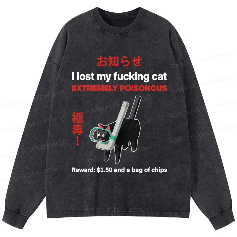 Tokyo-Tiger Find The Toxic Cat Funny Washed Long Sleeve T-Shirt