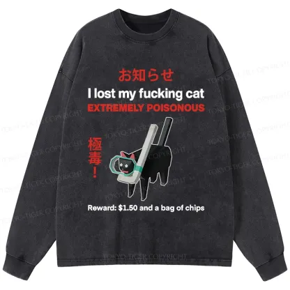 Tokyo-Tiger Find The Toxic Cat Funny Washed Long Sleeve T-Shirt