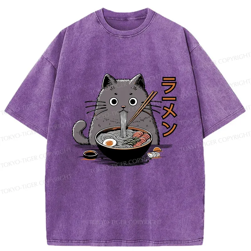 Tokyo-Tiger Kawaii Cat Ramen Washed T-Shirt