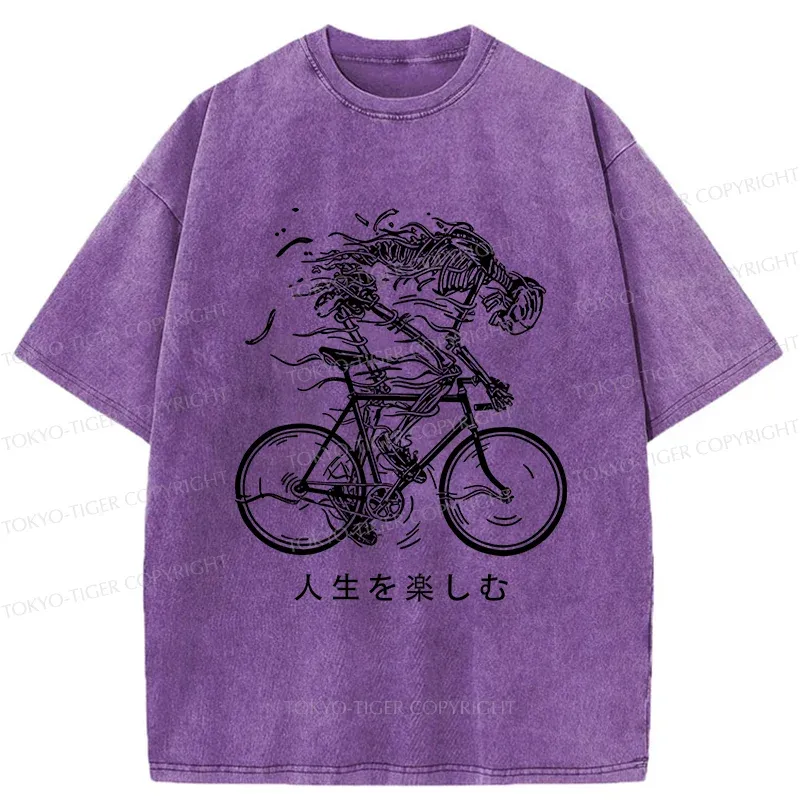 Tokyo-Tiger Skeleton Riding A Bicycle Washed T-Shirt