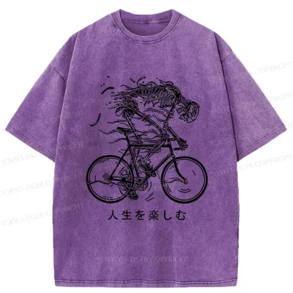 Tokyo-Tiger Skeleton Riding A Bicycle Washed T-Shirt
