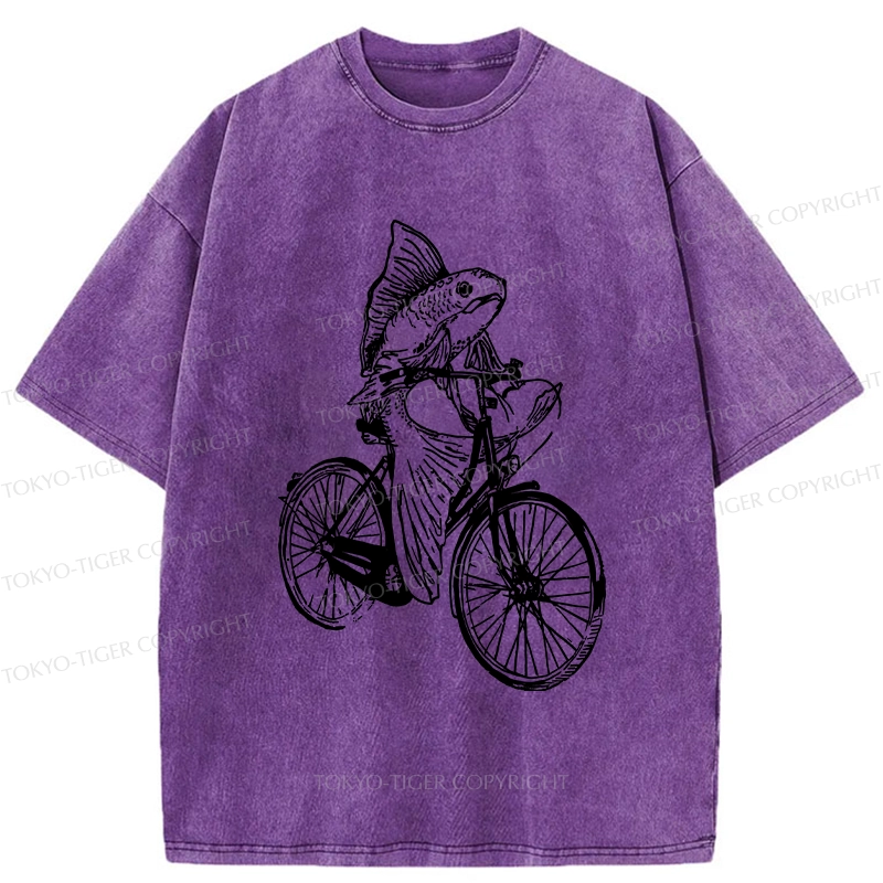 Tokyo-Tiger Funny Fish Riding A Bicycle Washed T-Shirt