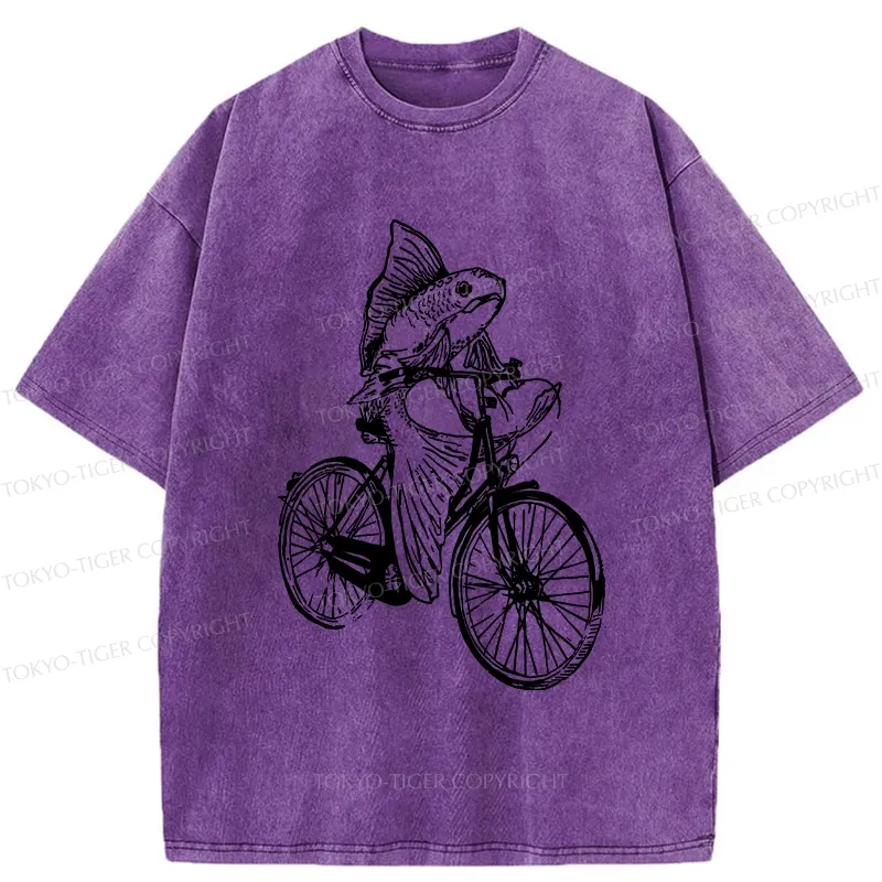 Tokyo-Tiger Funny Fish Riding A Bicycle Washed T-Shirt
