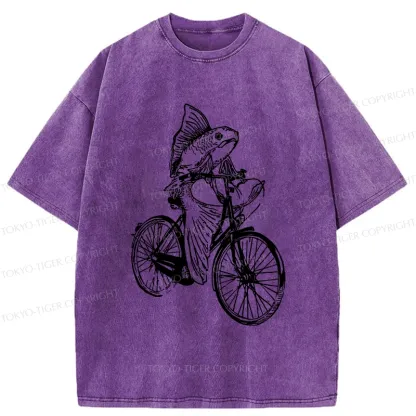Tokyo-Tiger Funny Fish Riding A Bicycle Washed T-Shirt