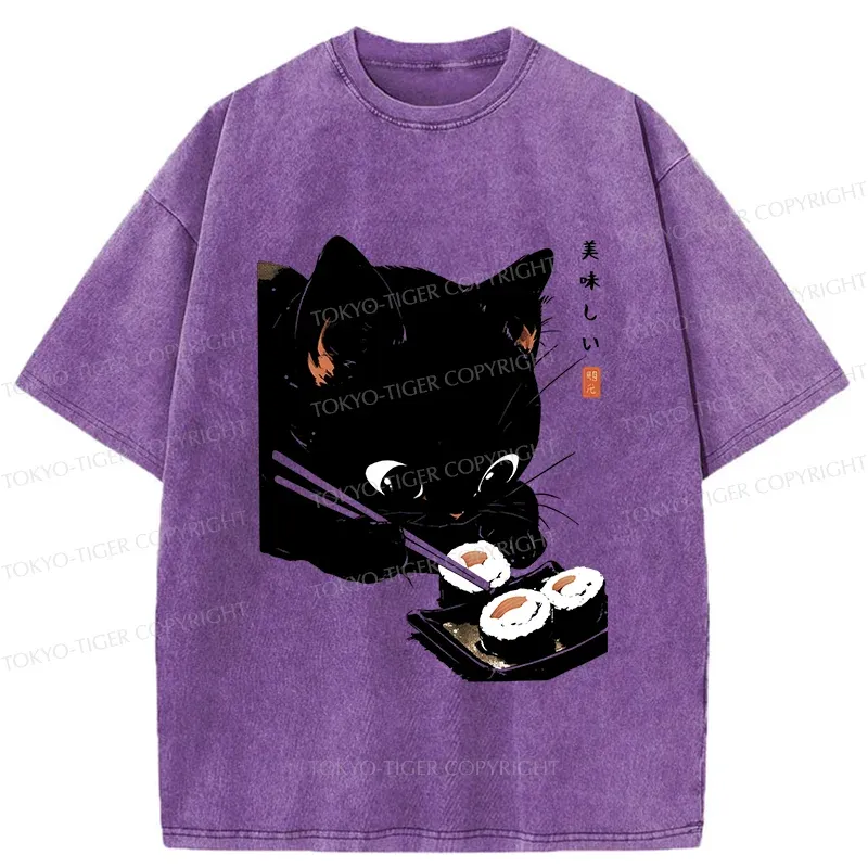Tokyo-Tiger Cat Eating Rice Balls Washed T-Shirt