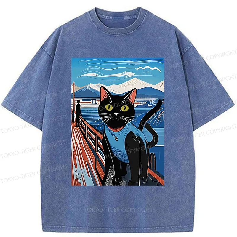 Tokyo-Tiger Cat On The Fence Washed T-Shirt