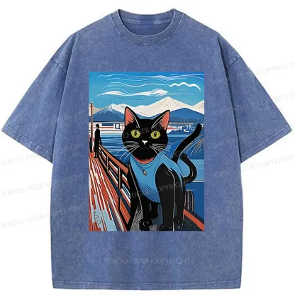 Tokyo-Tiger Cat On The Fence Washed T-Shirt