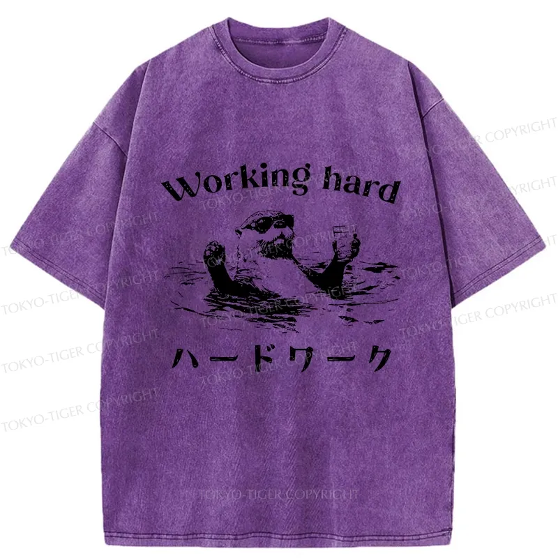 Tokyo-Tiger Funny Working Hard Otter Washed T-Shirt