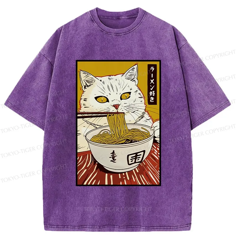 Tokyo-Tiger Cute Cat Ramen Lover Washed T-Shirt