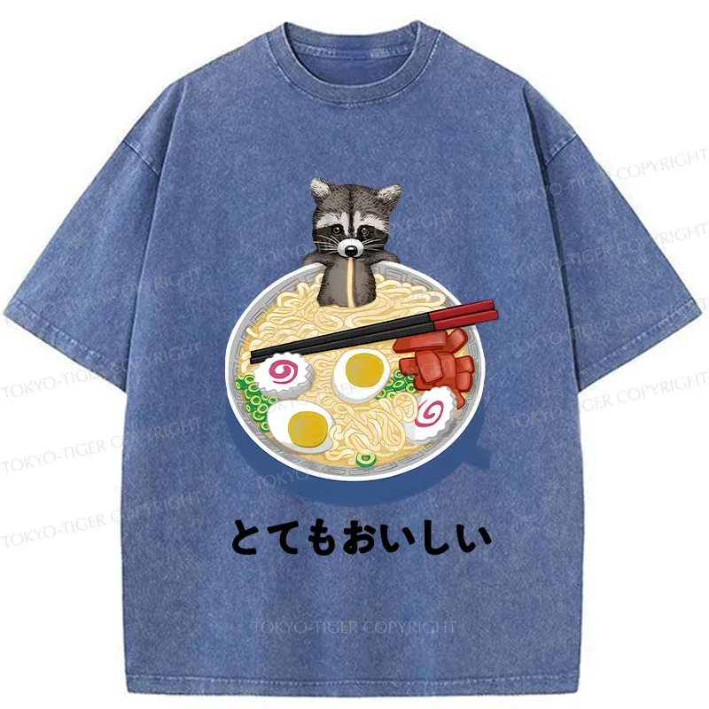 Tokyo-Tiger Raccoon Eating Ramen Washed T-Shirt