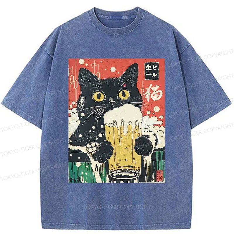 Tokyo-Tiger Cat Drinking Beer Funny Washed T-Shirt