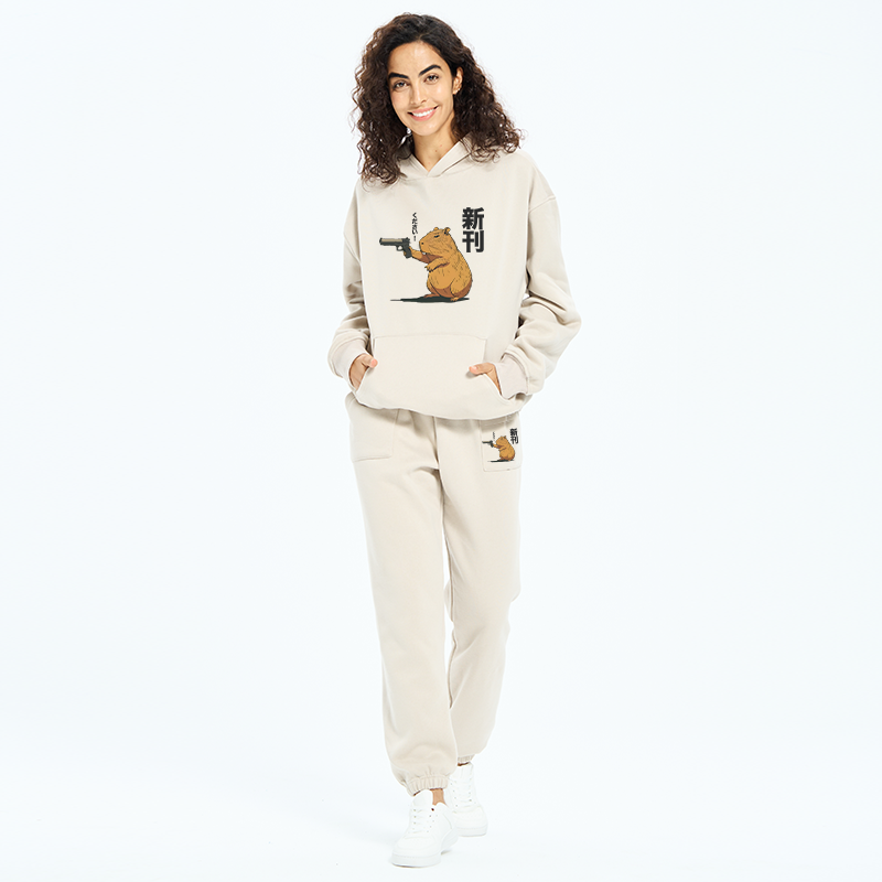 Tokyo-Tiger Capybara Holding A Gun Fleece Lined Hoodie Set