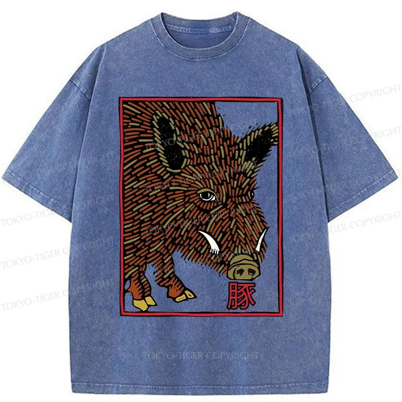 Tokyo-Tiger Woodcut Pig Washed T-Shirt