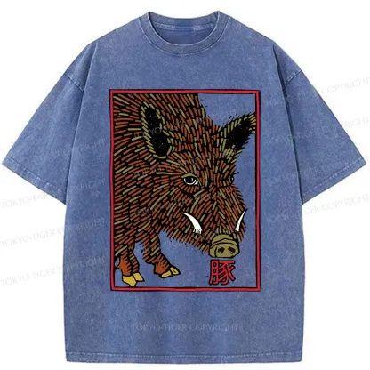 Tokyo-Tiger Woodcut Pig Washed T-Shirt