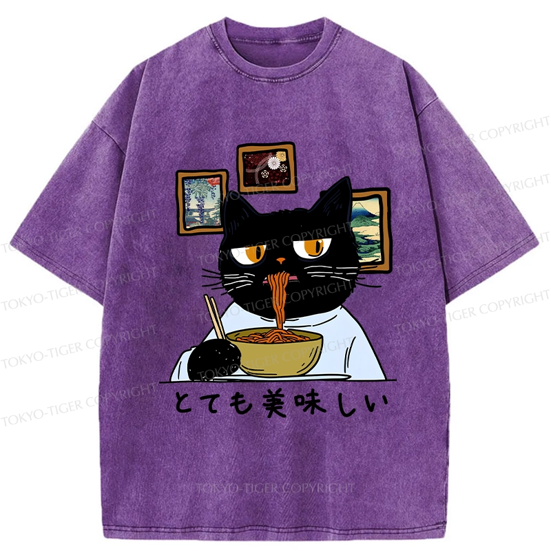 Tokyo-Tiger Cat Eating Delicious Ramen Washed T-Shirt