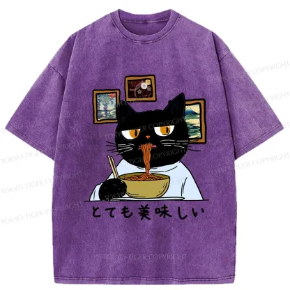 Tokyo-Tiger Cat Eating Delicious Ramen Washed T-Shirt