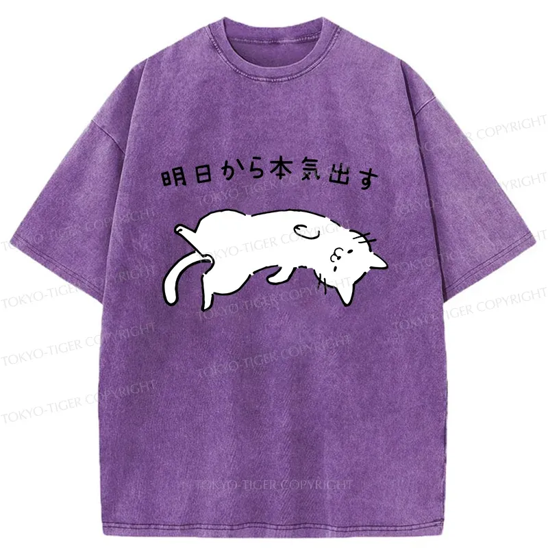 Tokyo-Tiger Lazy Cat Funny Washed T-Shirt