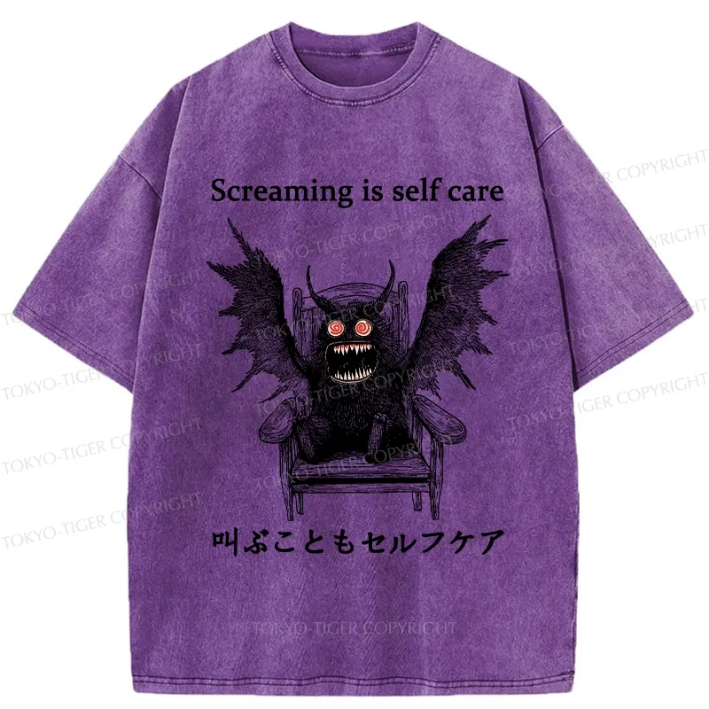 Tokyo-Tiger Screaming Is Self Care Washed T-Shirt