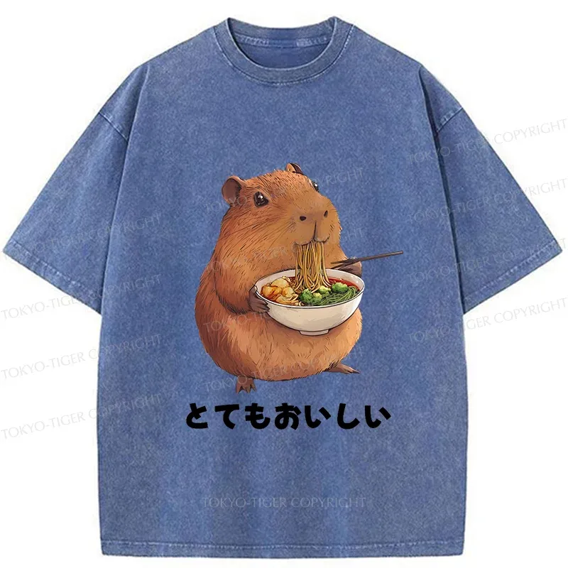 Tokyo-Tiger Capybara Eating Japanese Ramen Washed T-Shirt