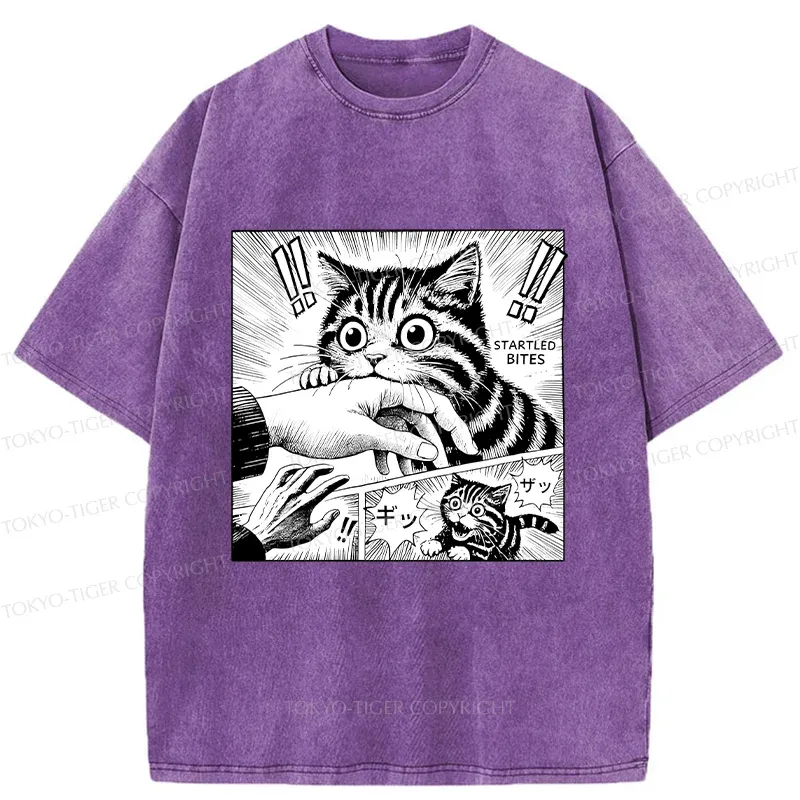 Tokyo-Tiger Cat Biting Funny Washed T-Shirt