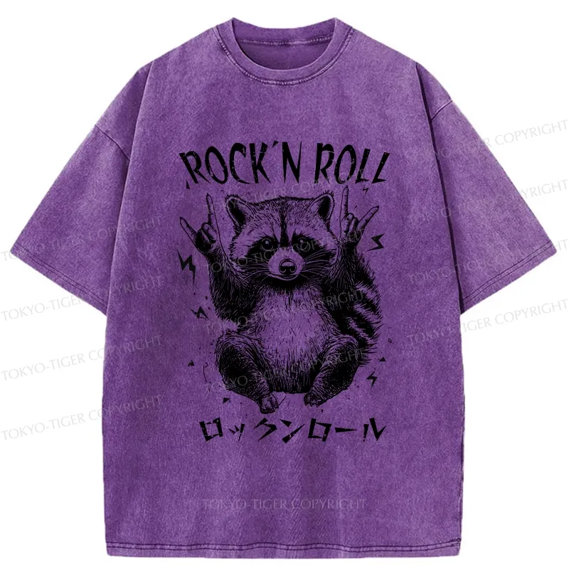 Tokyo-Tiger Funny Raccoon Rock And Roll Washed T-Shirt