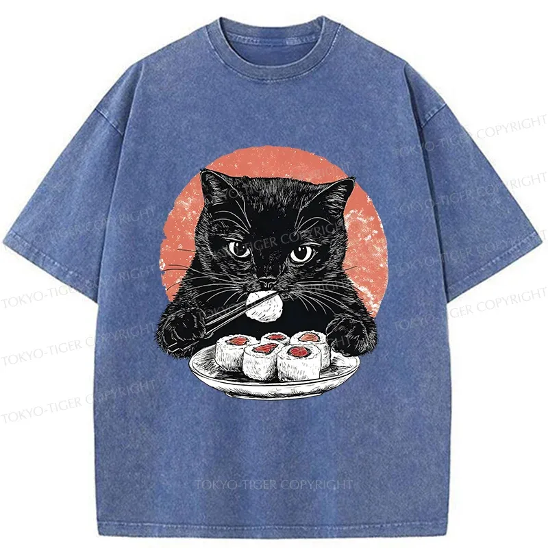 Tokyo-Tiger Cat Eating Delicious Sushi Washed T-Shirt