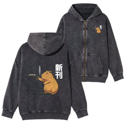 Tokyo-Tiger Capybara Holding A Gun Washed Zip Hoodie