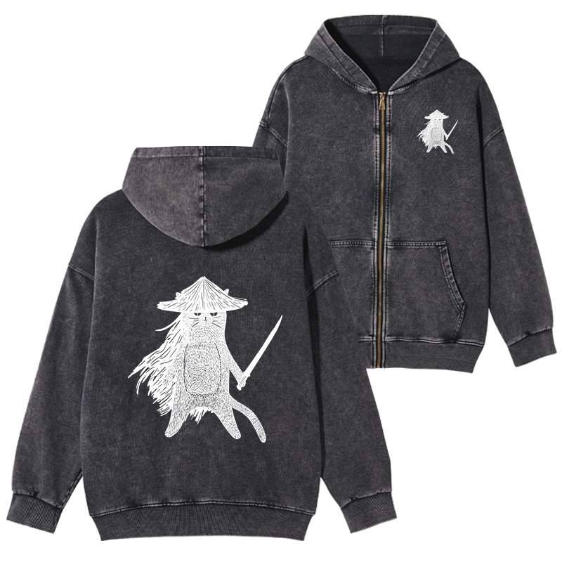 Tokyo-Tiger Japanese Samurai Cat Washed Zip Hoodie