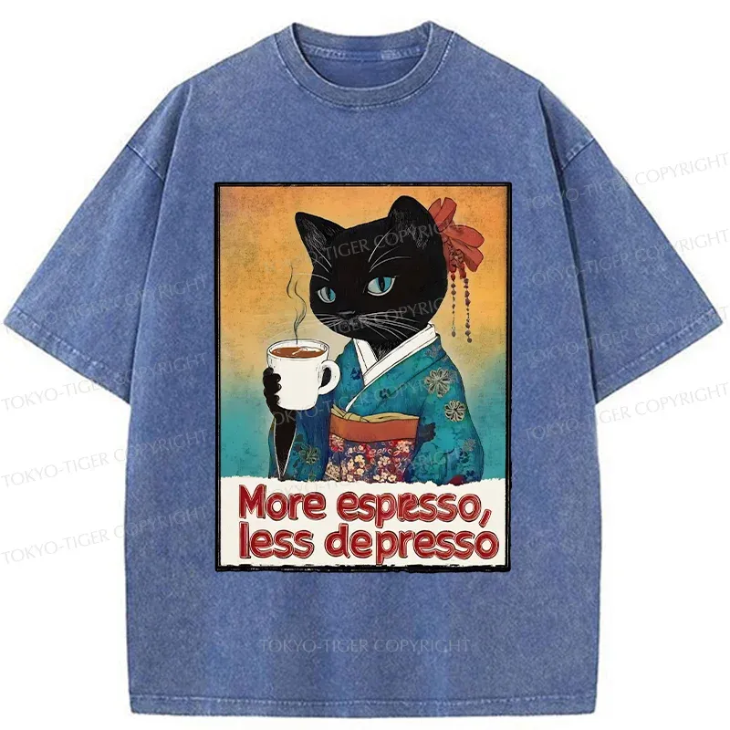 Tokyo-Tiger Japanese Cat Drinking Espresso Washed T-Shirt