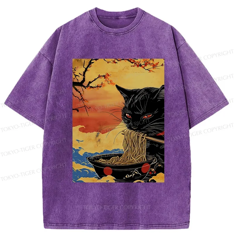 Tokyo-Tiger Cat Eating Ramen In The Sunset Washed T-Shirt