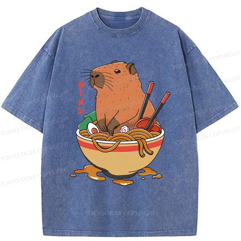 Tokyo-Tiger Capybara Ramen Funny Washed T-Shirt