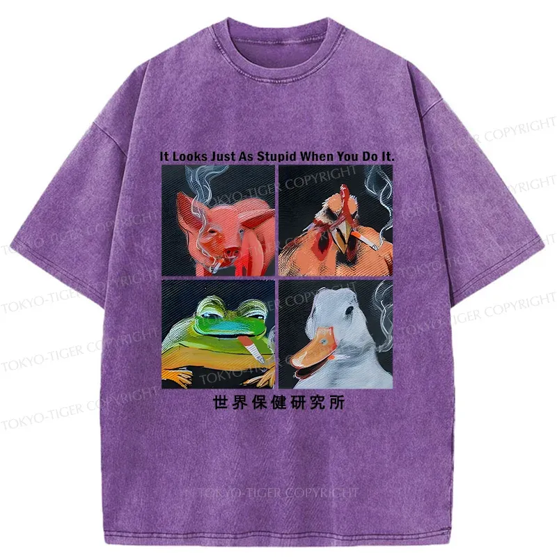 Tokyo-Tiger Smoking Animals Funny Washed T-Shirt