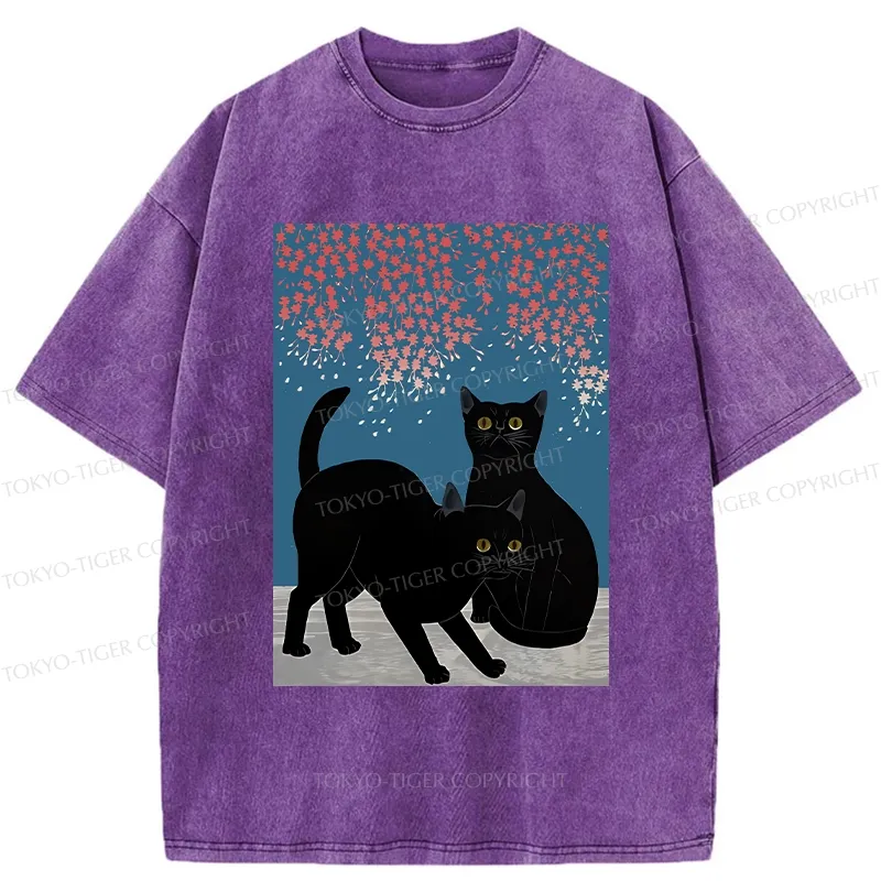 Tokyo-Tiger Black Cat Under The Sakura Washed T-Shirt