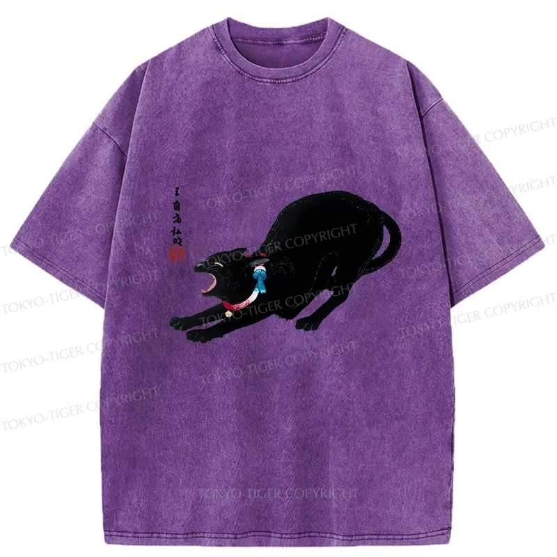 Tokyo-Tiger Cat Stretching Washed T-Shirt