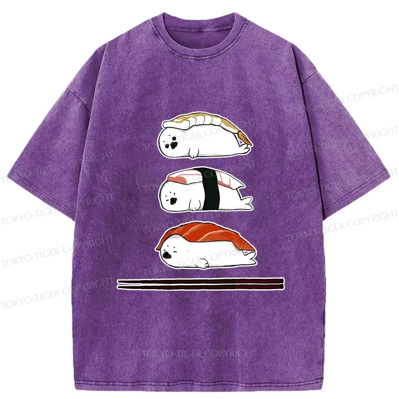 Tokyo-Tiger Cute Seal Sushi Washed T-Shirt