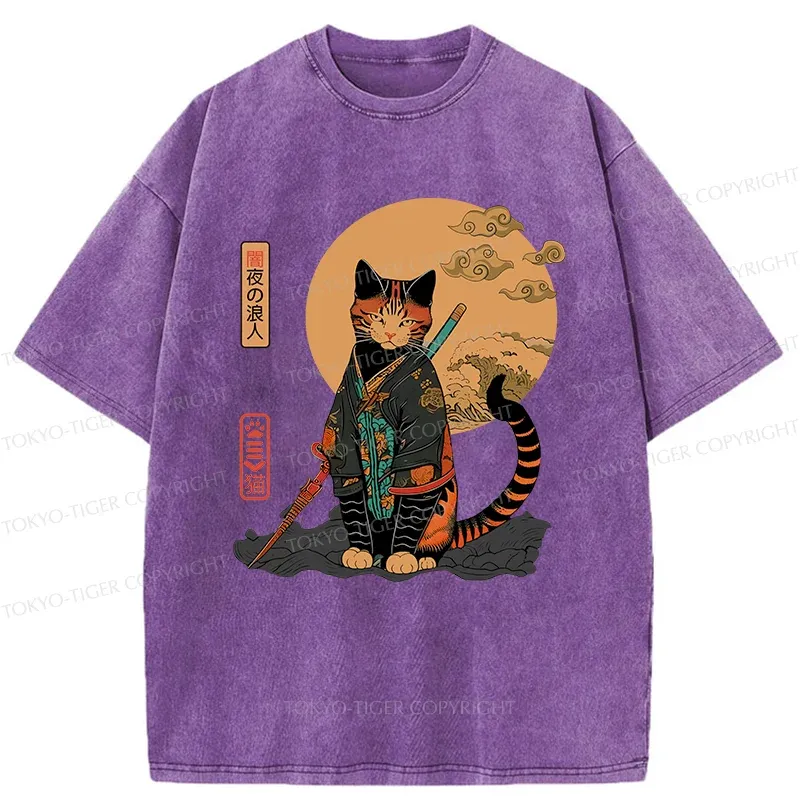 Tokyo-Tiger Retro Cat Samurai Washed T-Shirt