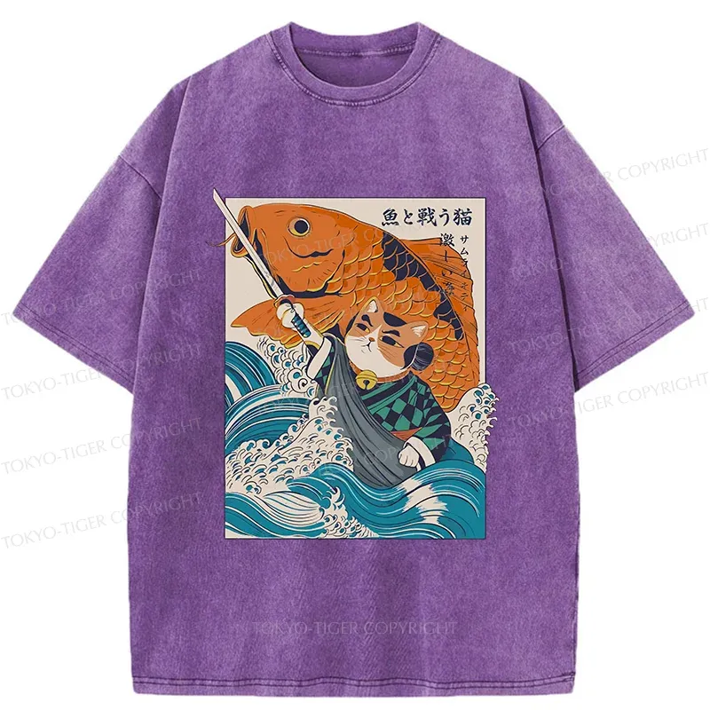 Tokyo-Tiger Samurai Cat And Goldfish Washed T-Shirt