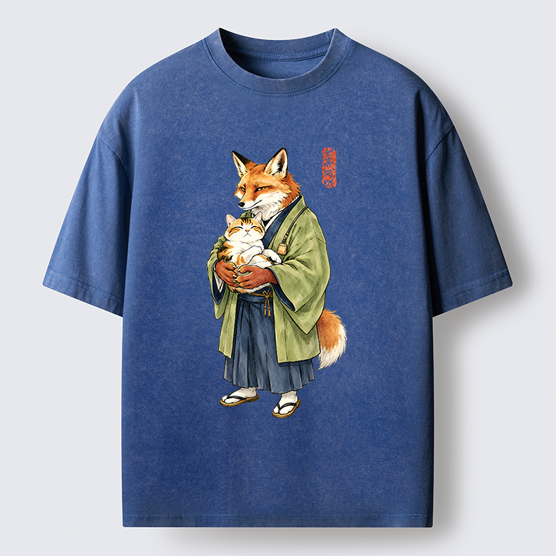 Tokyo‑Tiger Kimono Fox Holding Cat Washed T‑Shirt