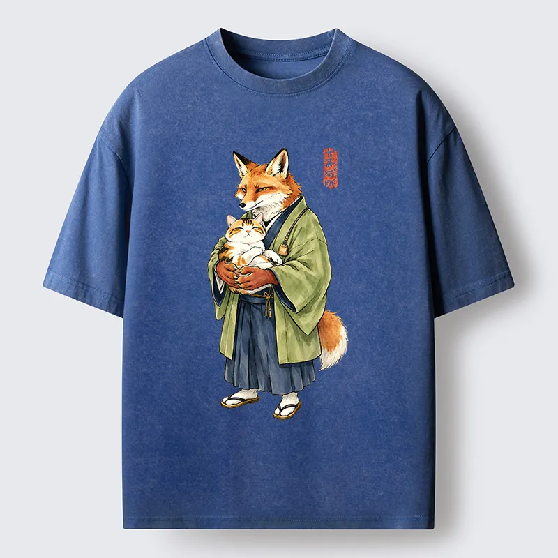 Tokyo‑Tiger Kimono Fox Holding Cat Washed T‑Shirt
