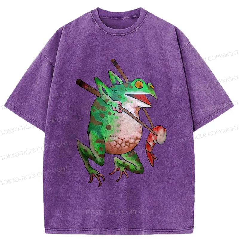 Tokyo-Tiger Funny Frog Picking Up Shrimp Washed T-Shirt