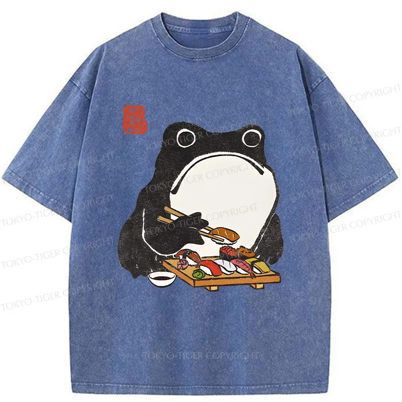 Tokyo-Tiger Frog Eating Sushi Washed T-Shirt